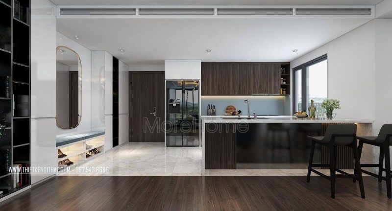 Thiết kế nội thất cho phòng bếp đa năng với một mẫu tủ bếp gỗ công nghiệp tinh tế.