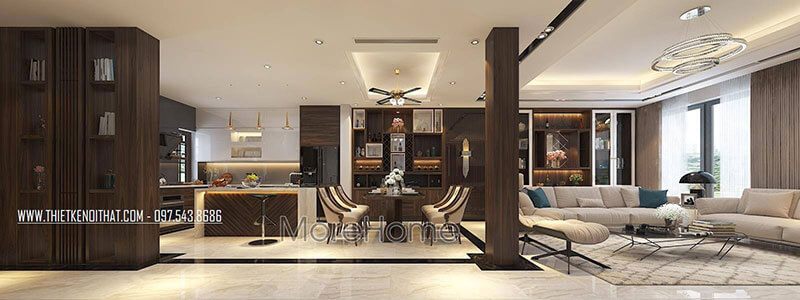 Tạo ra một không gian sống đẹp mắt bằng cách thiết kế phòng khách liên bếp với nội thất gỗ tự nhiên sang trọng.